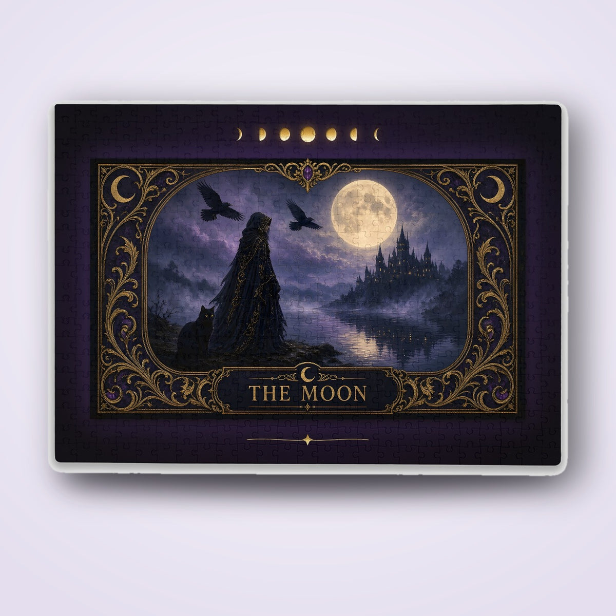 The Moon Tarot Jigsaw Puzzle 1000 500 300 Pieces, Gothic Witch and Black Cat Moonlit Castle Puzzle, Witchy Gift for Adults