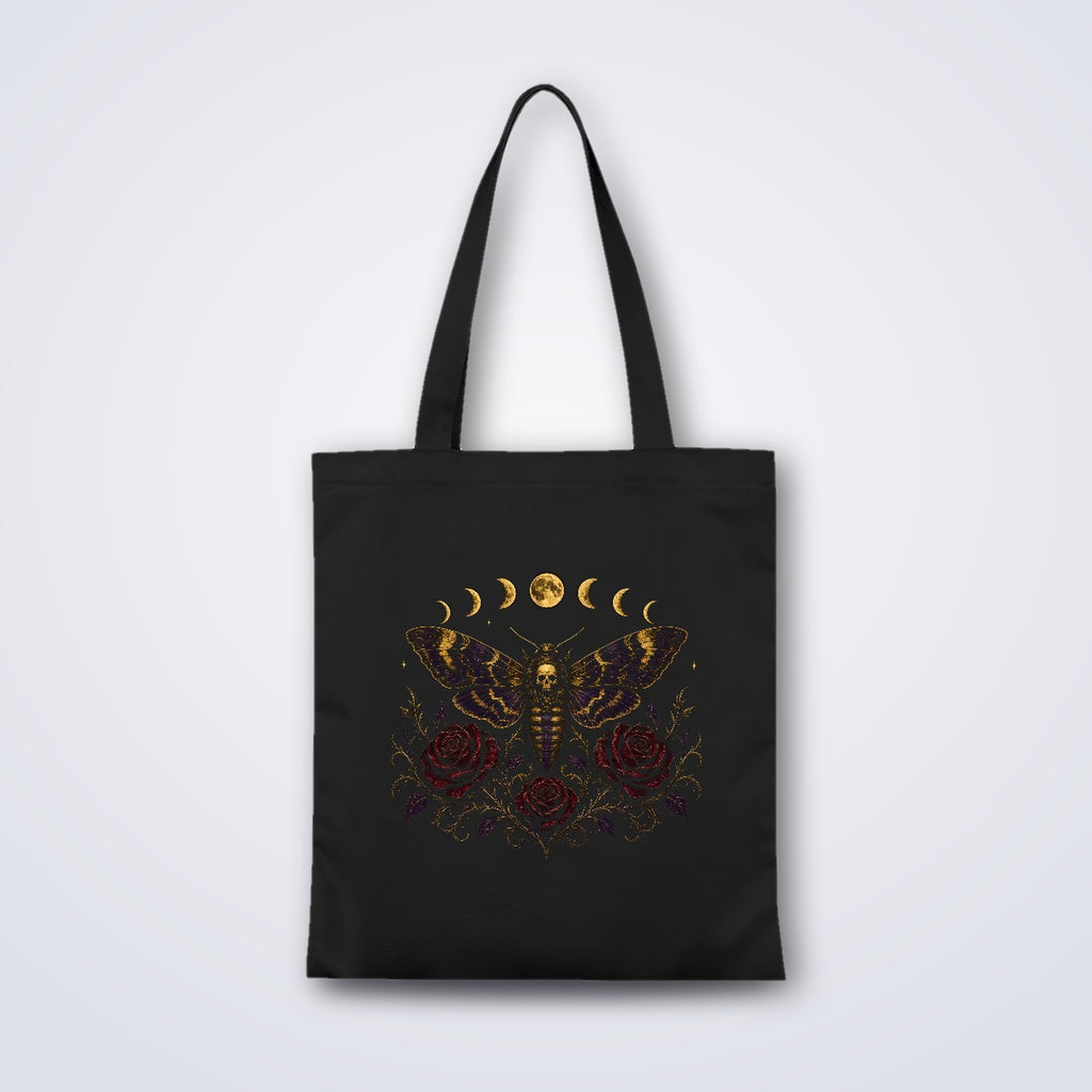 Death's Head Moth Tote Bag, Gothic Moon Phase Skull Moth Canvas Bag with Red Roses, Witchy Book Bag, Dark Academia Goth Gift