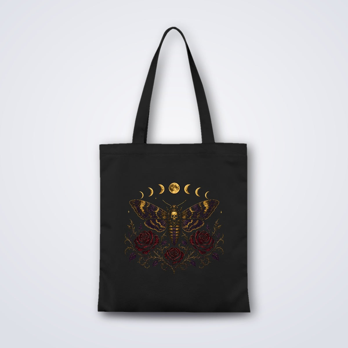 Death's Head Moth Tote Bag, Gothic Moon Phase Skull Moth Canvas Bag with Red Roses, Witchy Book Bag, Dark Academia Goth Gift
