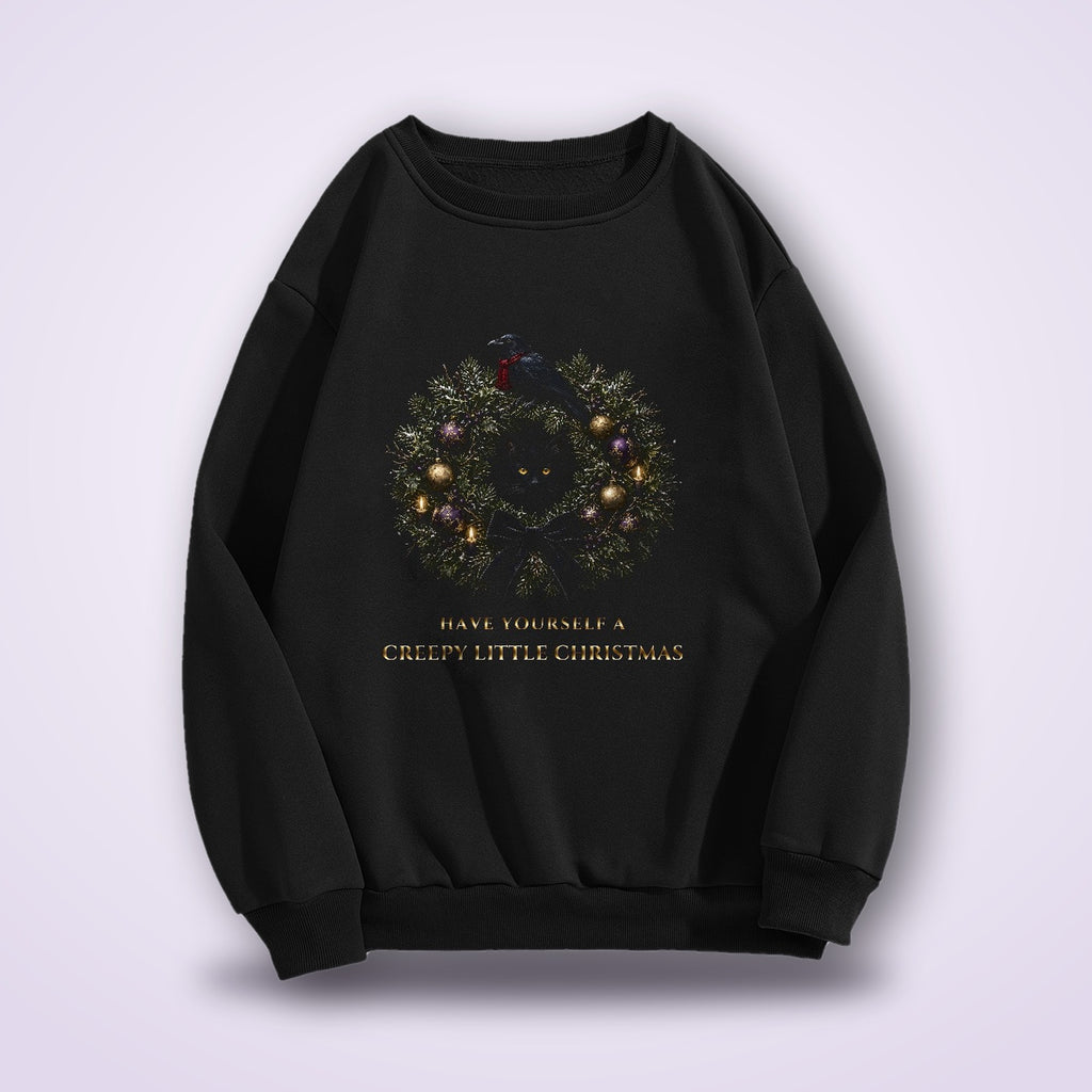 Creepy Little Christmas Sweatshirt, Gothic Wreath Black Cat and Raven Crewneck, Gothmas Holiday Sweater, Creepmas Goth Gift