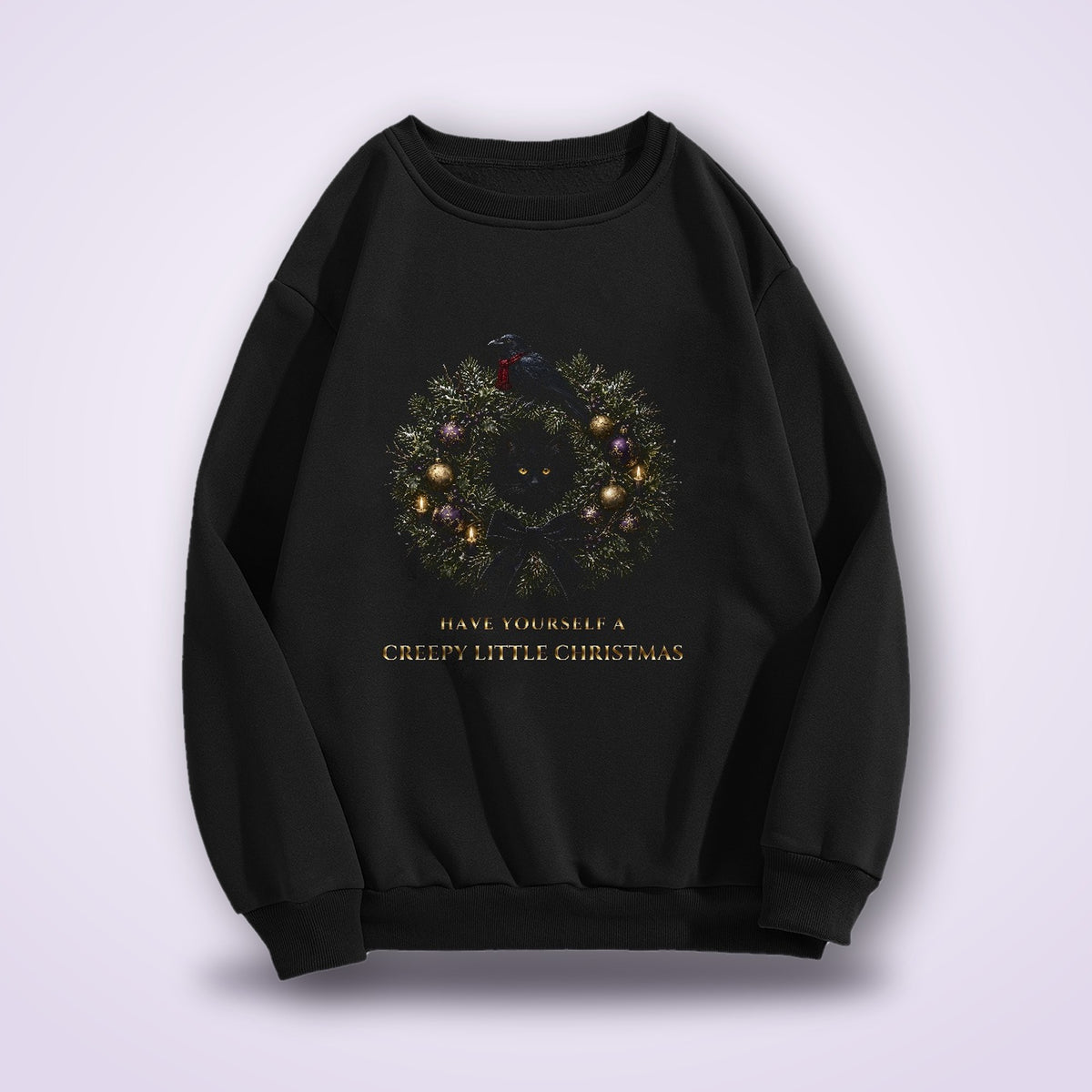Creepy Little Christmas Sweatshirt, Gothic Wreath Black Cat and Raven Crewneck, Gothmas Holiday Sweater, Creepmas Goth Gift