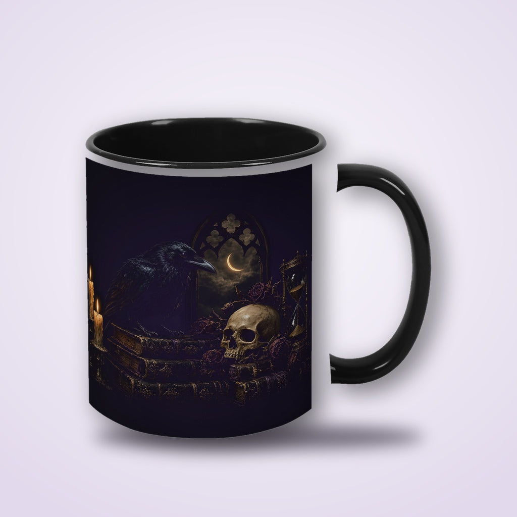 Nevermore Raven Mug, Gothic Poe Raven Skull and Candles Coffee Cup, Quoth the Raven Black Two-Tone Mug, Dark Academia Goth Gift