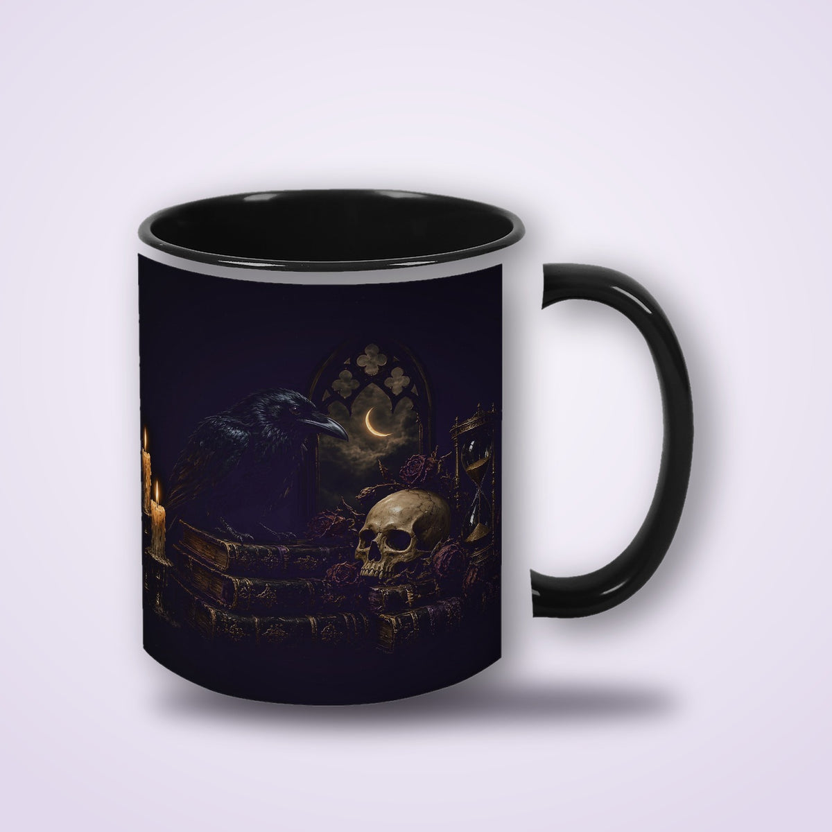 Nevermore Raven Mug, Gothic Poe Raven Skull and Candles Coffee Cup, Quoth the Raven Black Two-Tone Mug, Dark Academia Goth Gift