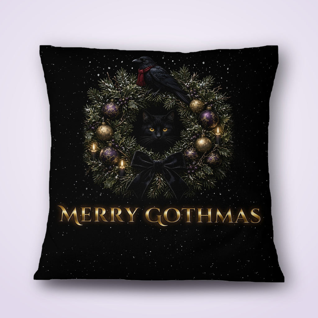 Merry Gothmas Pillow Cover, Gothic Christmas Wreath Black Cat and Raven Velvet Throw Pillow Case, Dark Holiday Decor, Goth Gift