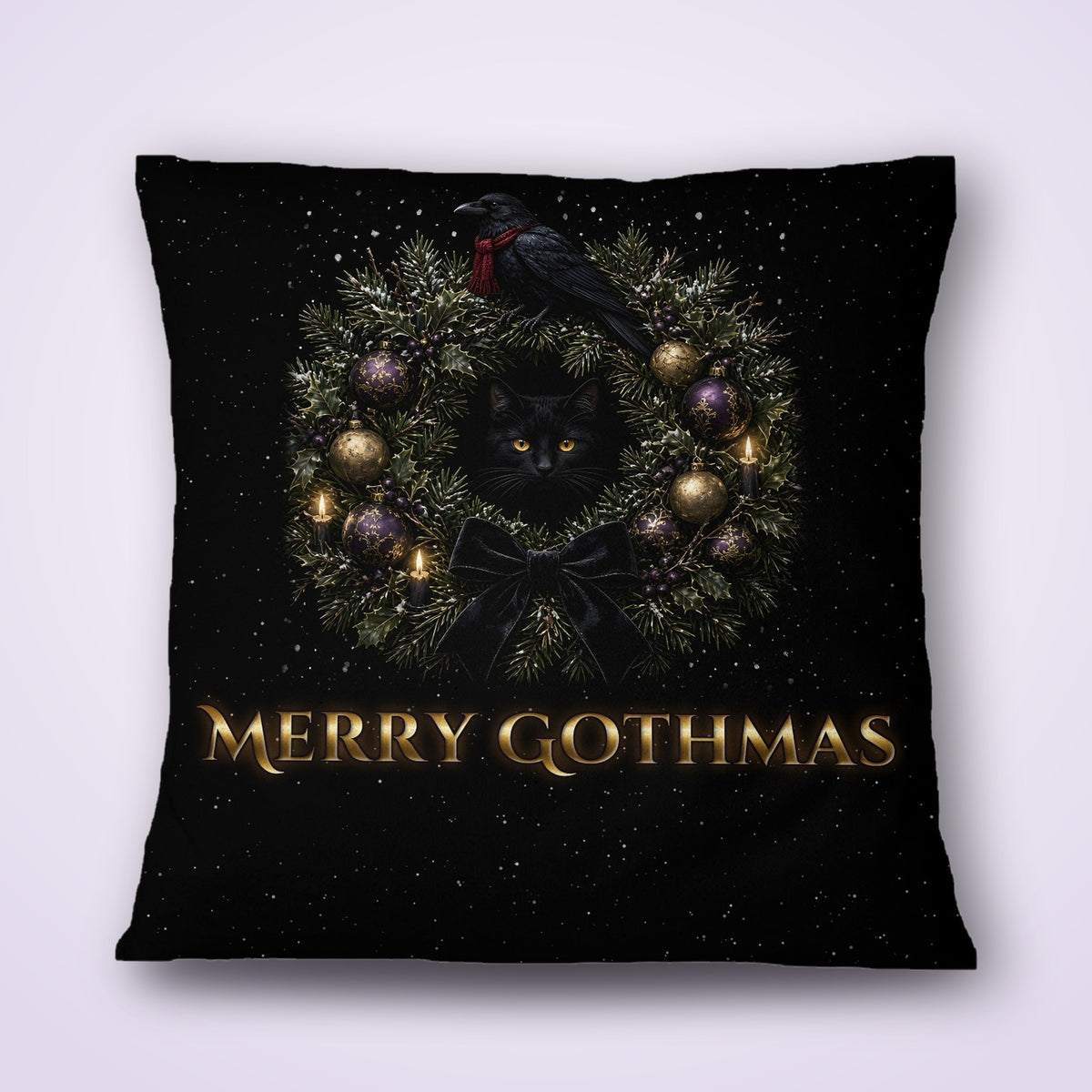 Merry Gothmas Pillow Cover, Gothic Christmas Wreath Black Cat and Raven Velvet Throw Pillow Case, Dark Holiday Decor, Goth Gift