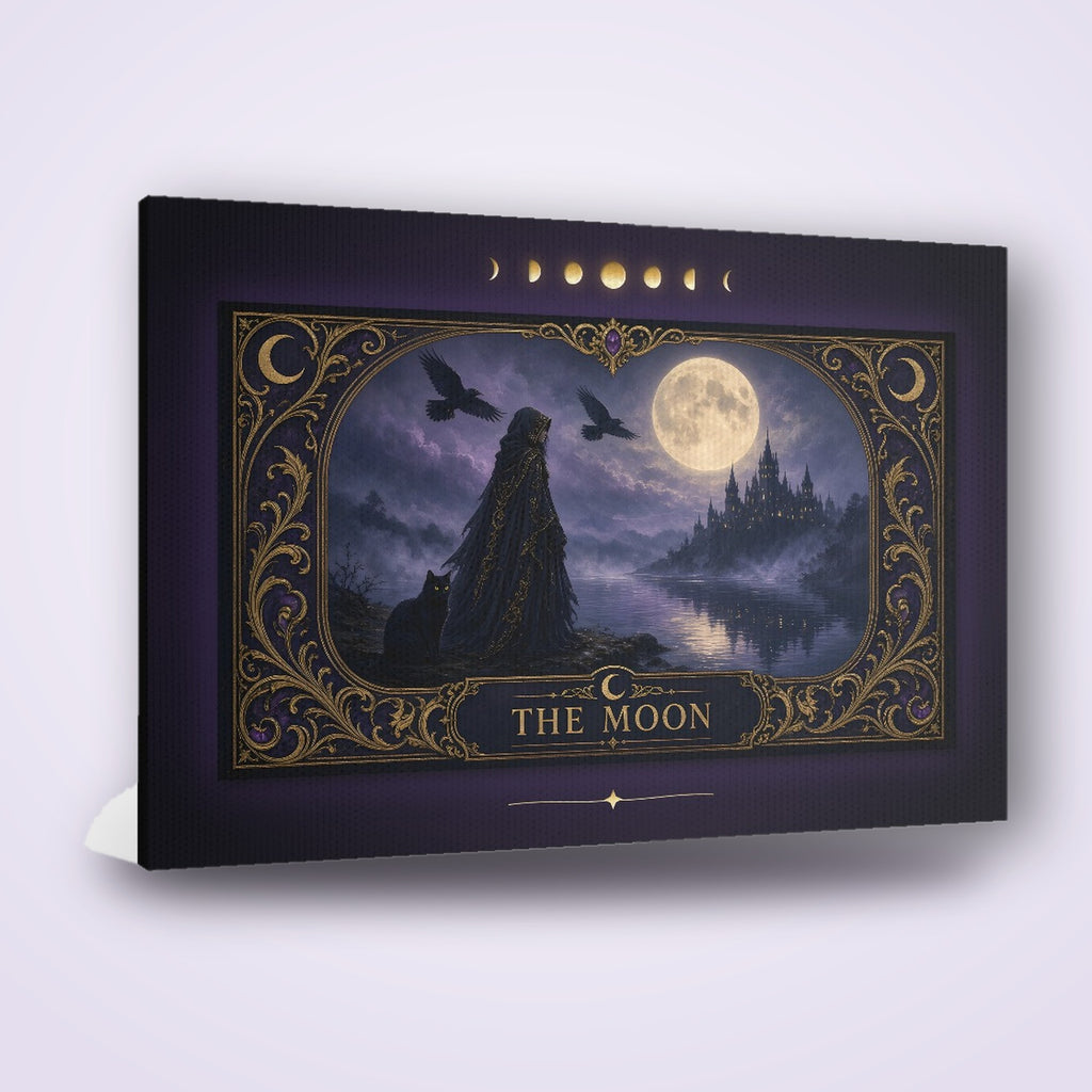 The Moon Tarot Card Canvas Wall Art, Gothic Witch and Black Cat Moonlit Castle Print, Witchy Tarot Decor, Dark Fantasy Gift