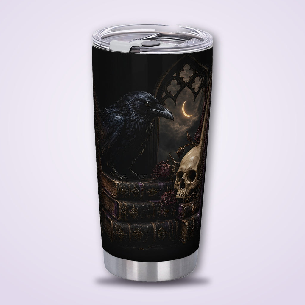 Nevermore Raven 20oz Tumbler, Gothic Poe Raven Skull and Hourglass Insulated Cup with Lid, Dark Academia Travel Mug, Goth Gift
