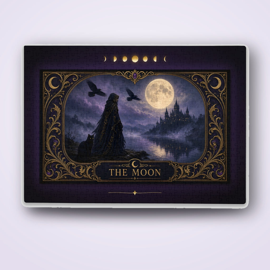 The Moon Tarot Jigsaw Puzzle 1000 500 300 Pieces, Gothic Witch and Black Cat Moonlit Castle Puzzle, Witchy Gift for Adults