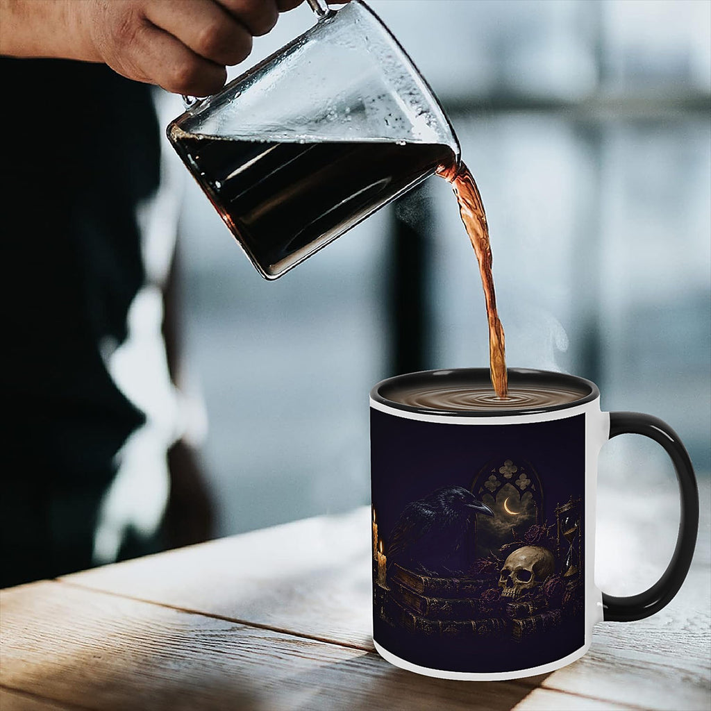 Nevermore Raven Mug, Gothic Poe Raven Skull and Candles Coffee Cup, Quoth the Raven Black Two-Tone Mug, Dark Academia Goth Gift