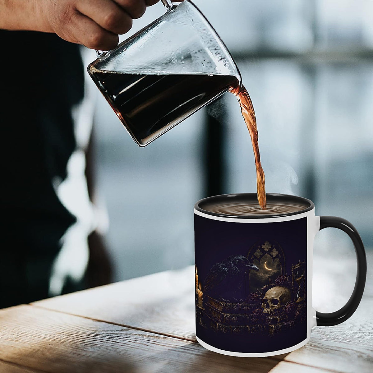 Nevermore Raven Mug, Gothic Poe Raven Skull and Candles Coffee Cup, Quoth the Raven Black Two-Tone Mug, Dark Academia Goth Gift