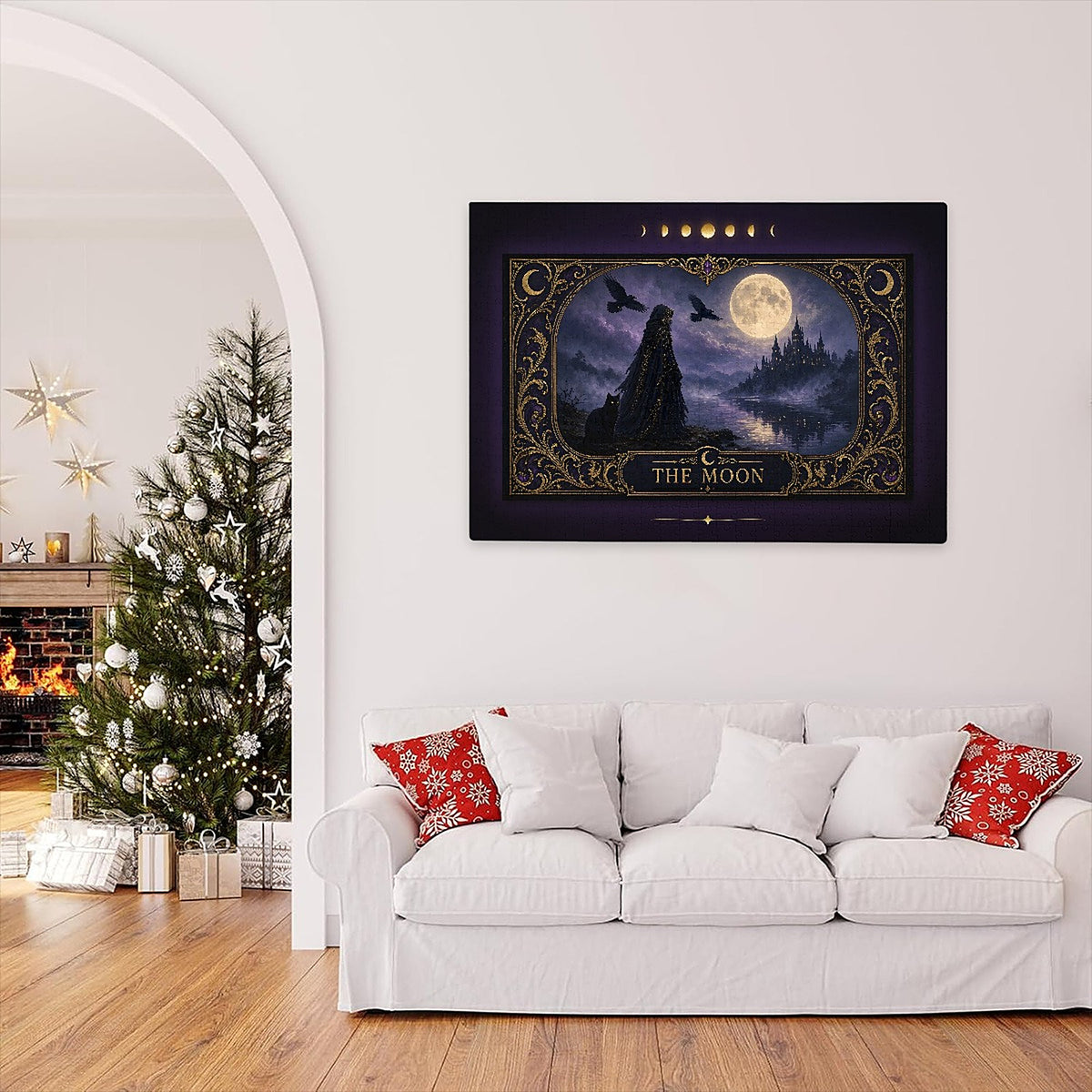 The Moon Tarot Jigsaw Puzzle 1000 500 300 Pieces, Gothic Witch and Black Cat Moonlit Castle Puzzle, Witchy Gift for Adults