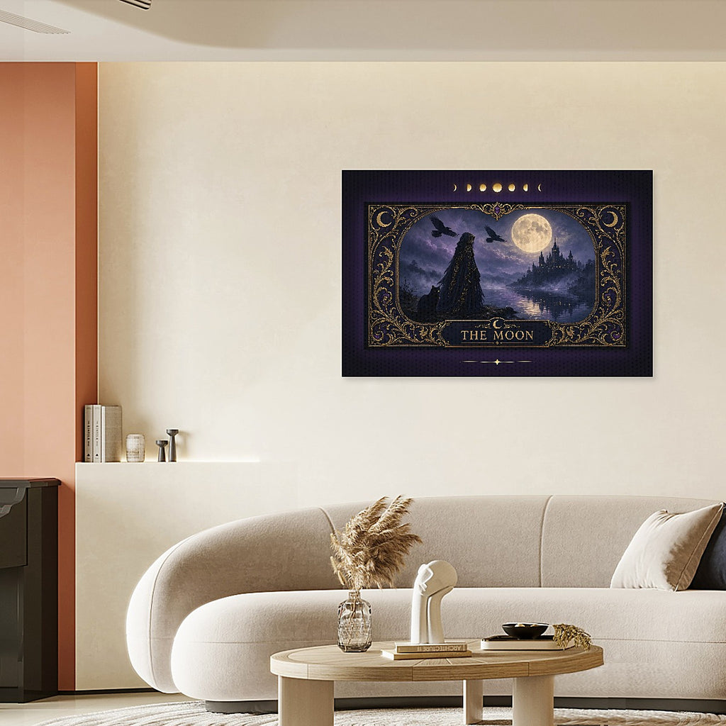 The Moon Tarot Card Canvas Wall Art, Gothic Witch and Black Cat Moonlit Castle Print, Witchy Tarot Decor, Dark Fantasy Gift