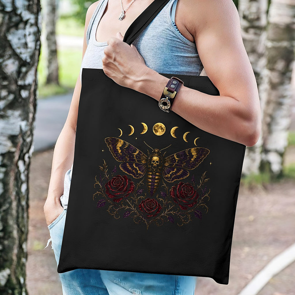 Death's Head Moth Tote Bag, Gothic Moon Phase Skull Moth Canvas Bag with Red Roses, Witchy Book Bag, Dark Academia Goth Gift