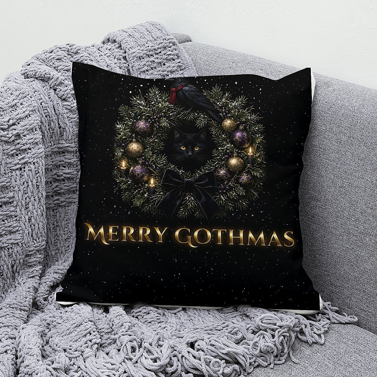 Merry Gothmas Pillow Cover, Gothic Christmas Wreath Black Cat and Raven Velvet Throw Pillow Case, Dark Holiday Decor, Goth Gift