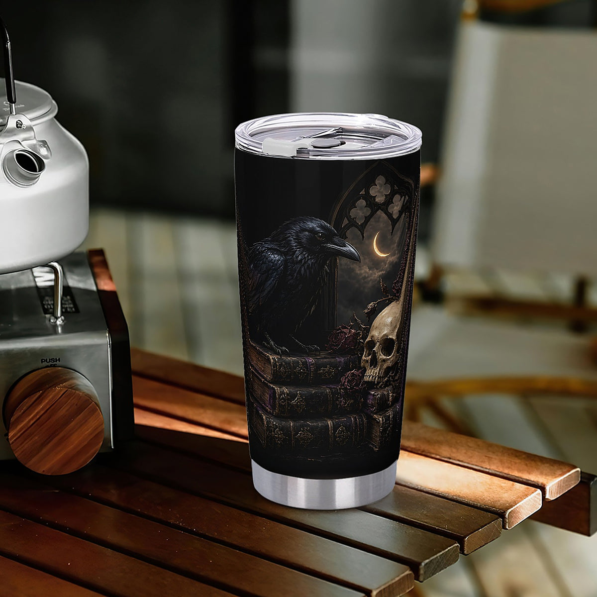 Nevermore Raven 20oz Tumbler, Gothic Poe Raven Skull and Hourglass Insulated Cup with Lid, Dark Academia Travel Mug, Goth Gift