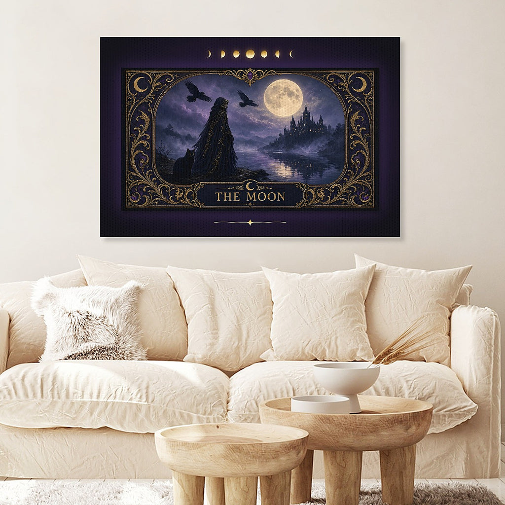 The Moon Tarot Card Canvas Wall Art, Gothic Witch and Black Cat Moonlit Castle Print, Witchy Tarot Decor, Dark Fantasy Gift