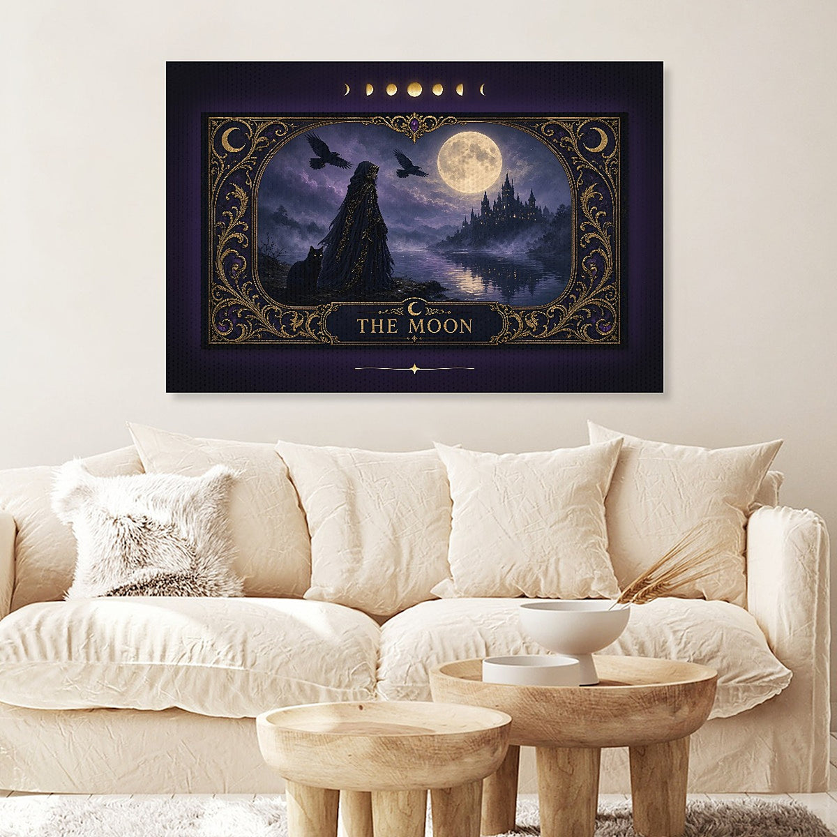 The Moon Tarot Card Canvas Wall Art, Gothic Witch and Black Cat Moonlit Castle Print, Witchy Tarot Decor, Dark Fantasy Gift