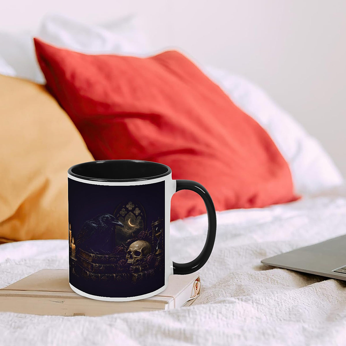 Nevermore Raven Mug, Gothic Poe Raven Skull and Candles Coffee Cup, Quoth the Raven Black Two-Tone Mug, Dark Academia Goth Gift
