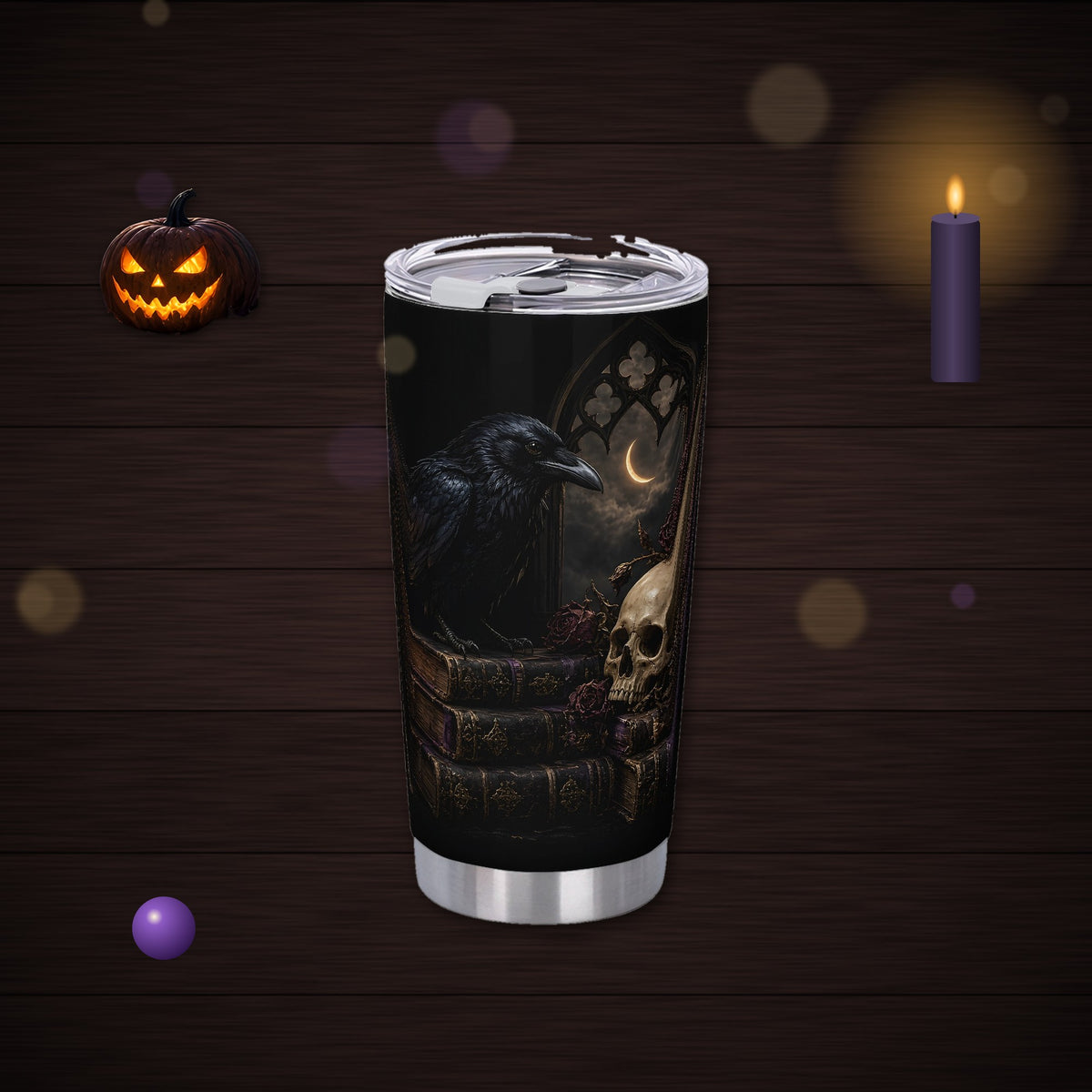 Nevermore Raven 20oz Tumbler, Gothic Poe Raven Skull and Hourglass Insulated Cup with Lid, Dark Academia Travel Mug, Goth Gift