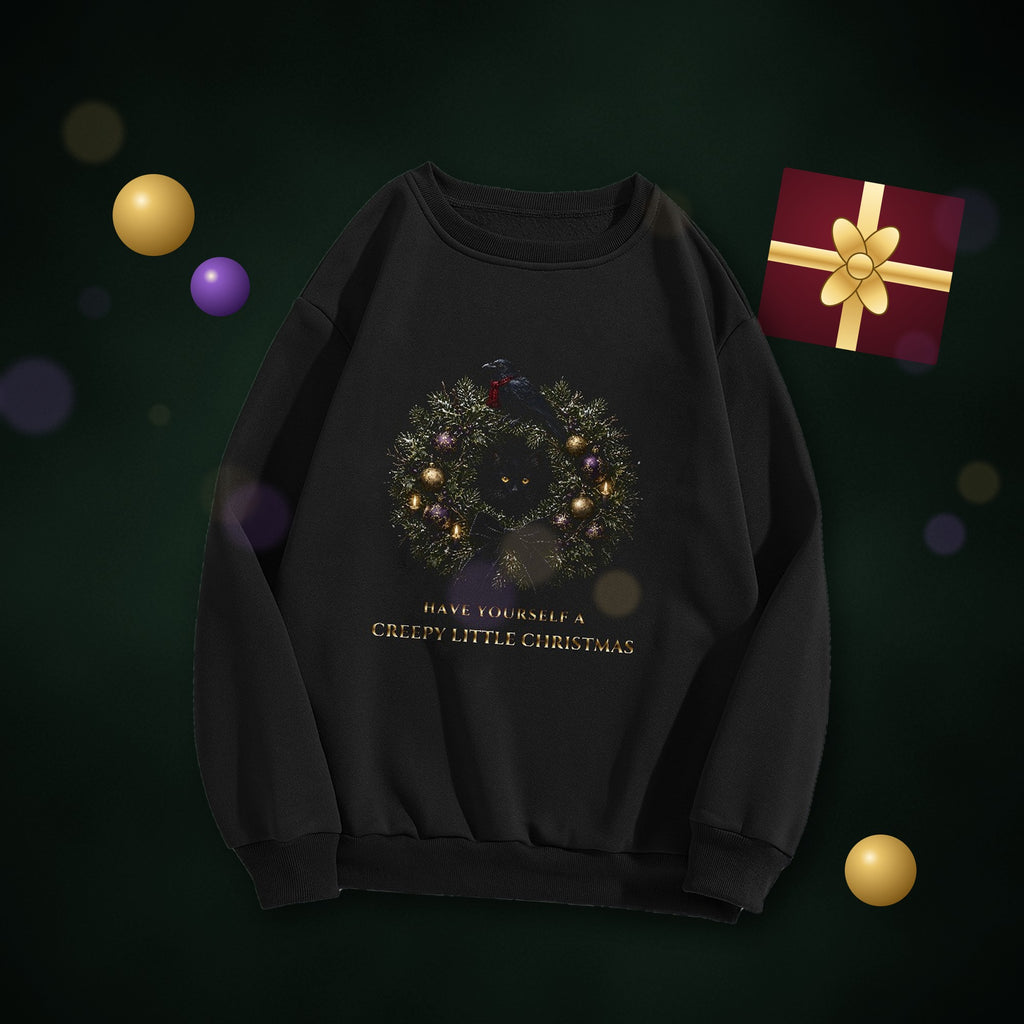 Creepy Little Christmas Sweatshirt, Gothic Wreath Black Cat and Raven Crewneck, Gothmas Holiday Sweater, Creepmas Goth Gift