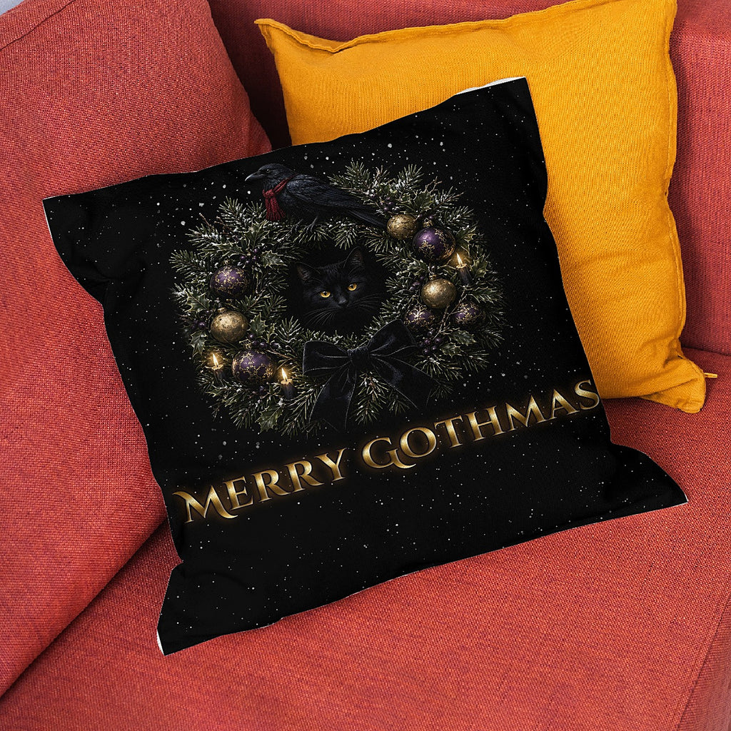 Merry Gothmas Pillow Cover, Gothic Christmas Wreath Black Cat and Raven Velvet Throw Pillow Case, Dark Holiday Decor, Goth Gift