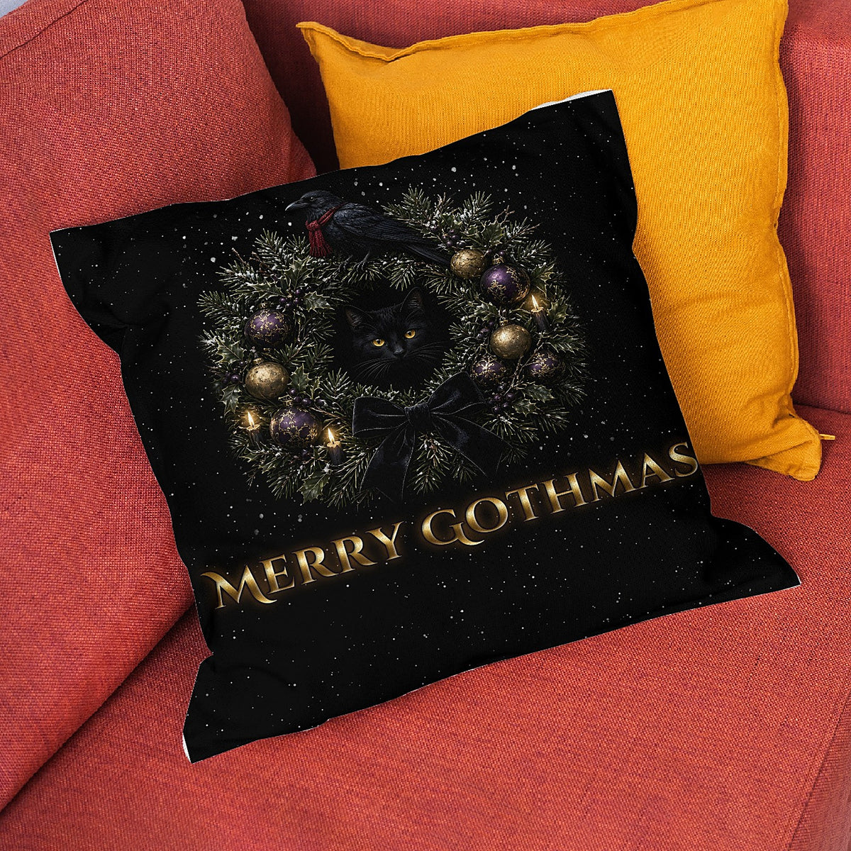 Merry Gothmas Pillow Cover, Gothic Christmas Wreath Black Cat and Raven Velvet Throw Pillow Case, Dark Holiday Decor, Goth Gift