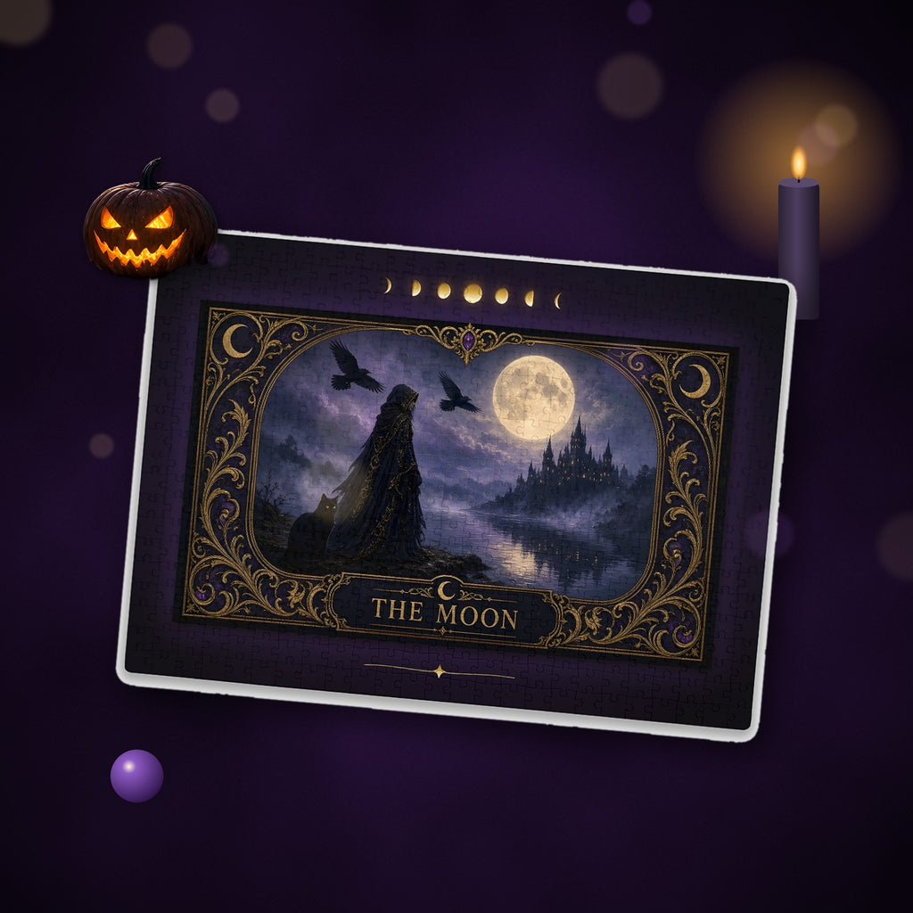 The Moon Tarot Jigsaw Puzzle 1000 500 300 Pieces, Gothic Witch and Black Cat Moonlit Castle Puzzle, Witchy Gift for Adults