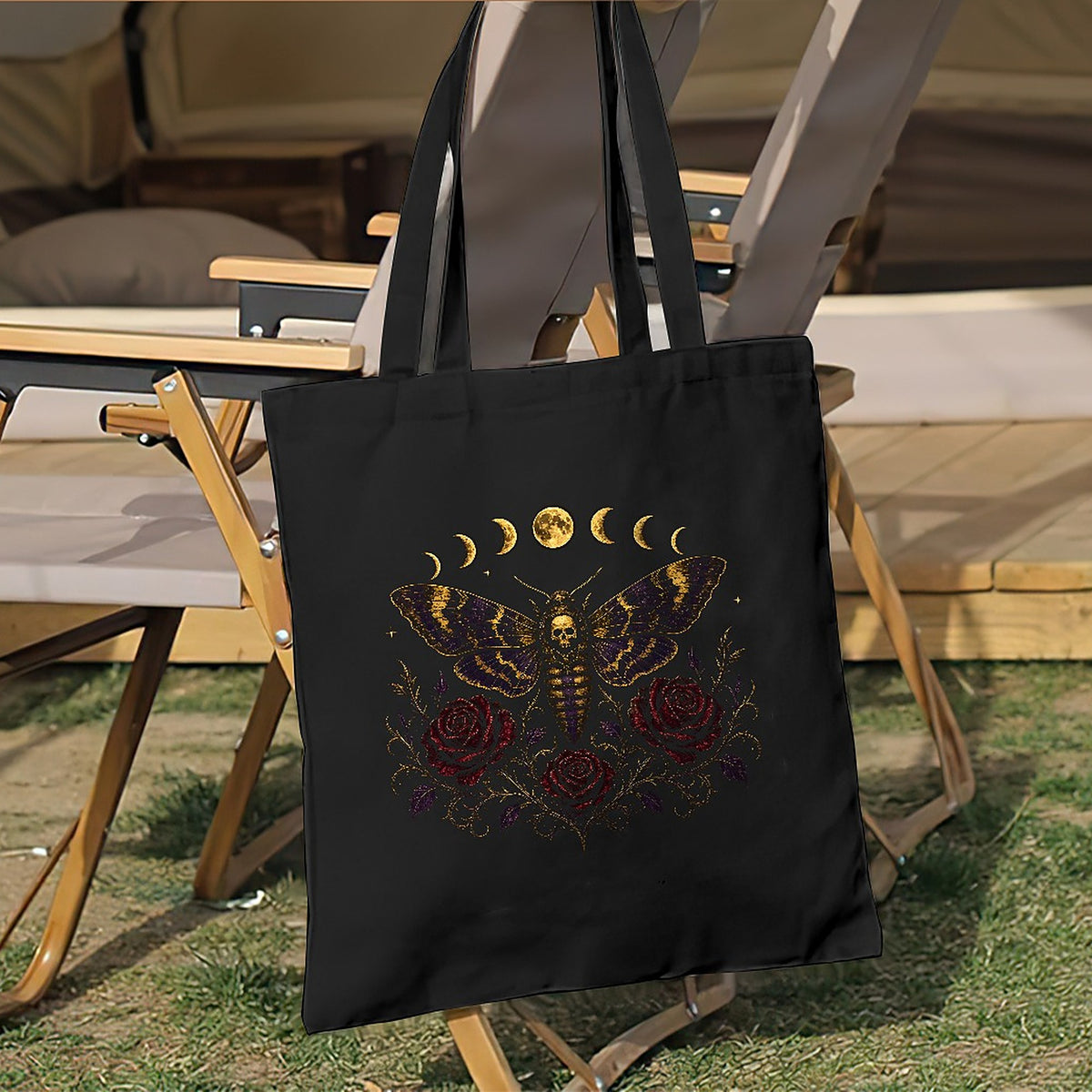 Death's Head Moth Tote Bag, Gothic Moon Phase Skull Moth Canvas Bag with Red Roses, Witchy Book Bag, Dark Academia Goth Gift