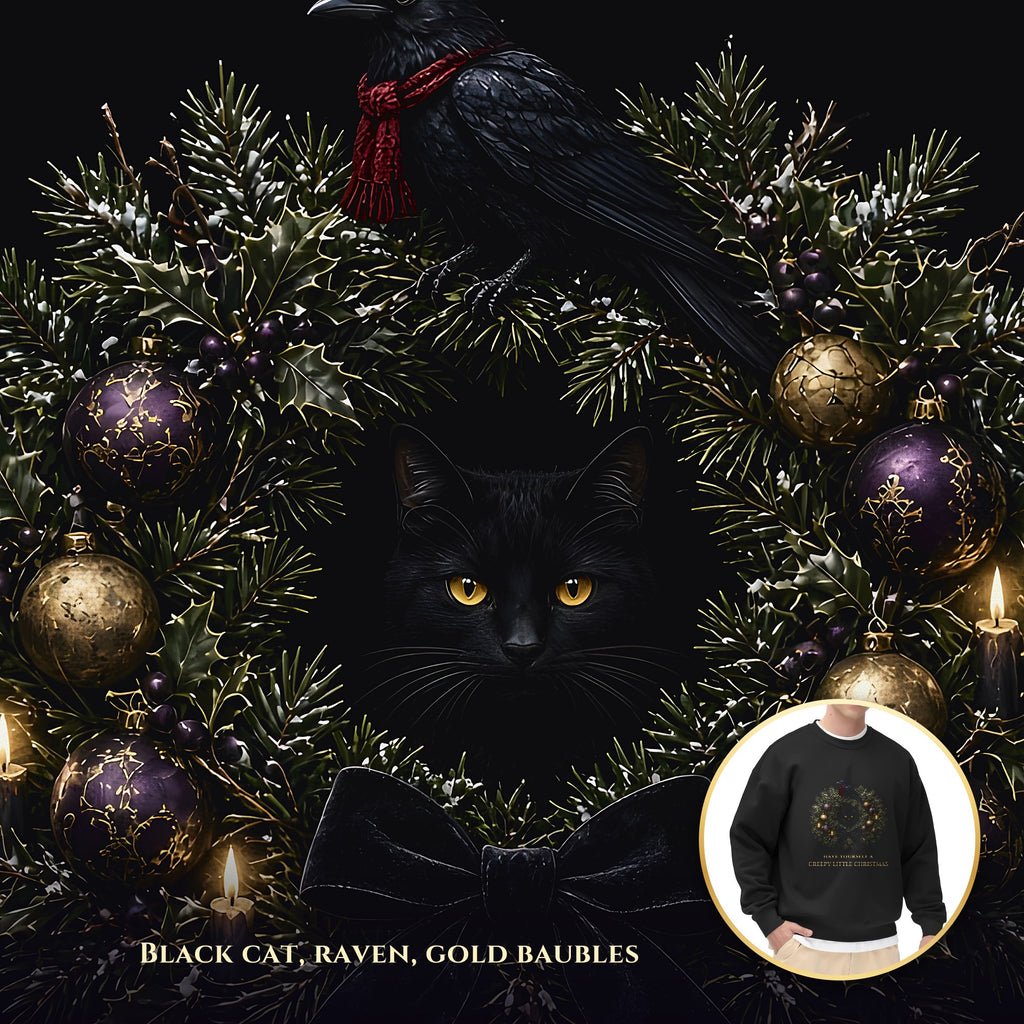 Creepy Little Christmas Sweatshirt, Gothic Wreath Black Cat and Raven Crewneck, Gothmas Holiday Sweater, Creepmas Goth Gift