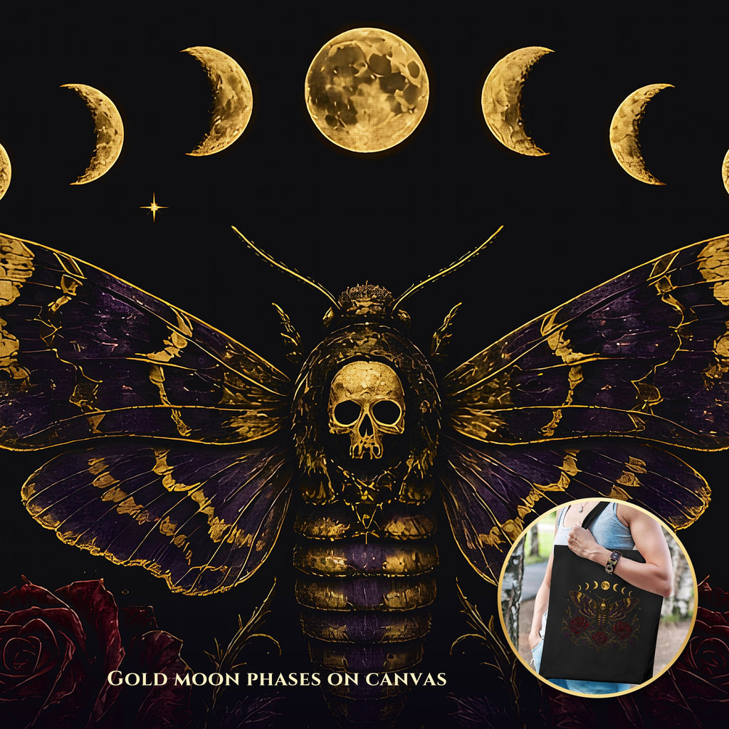Death's Head Moth Tote Bag, Gothic Moon Phase Skull Moth Canvas Bag with Red Roses, Witchy Book Bag, Dark Academia Goth Gift