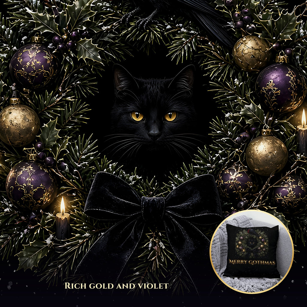 Merry Gothmas Pillow Cover, Gothic Christmas Wreath Black Cat and Raven Velvet Throw Pillow Case, Dark Holiday Decor, Goth Gift