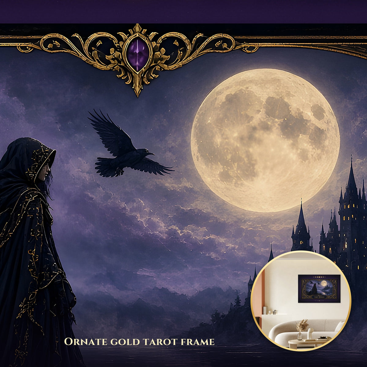 The Moon Tarot Card Canvas Wall Art, Gothic Witch and Black Cat Moonlit Castle Print, Witchy Tarot Decor, Dark Fantasy Gift