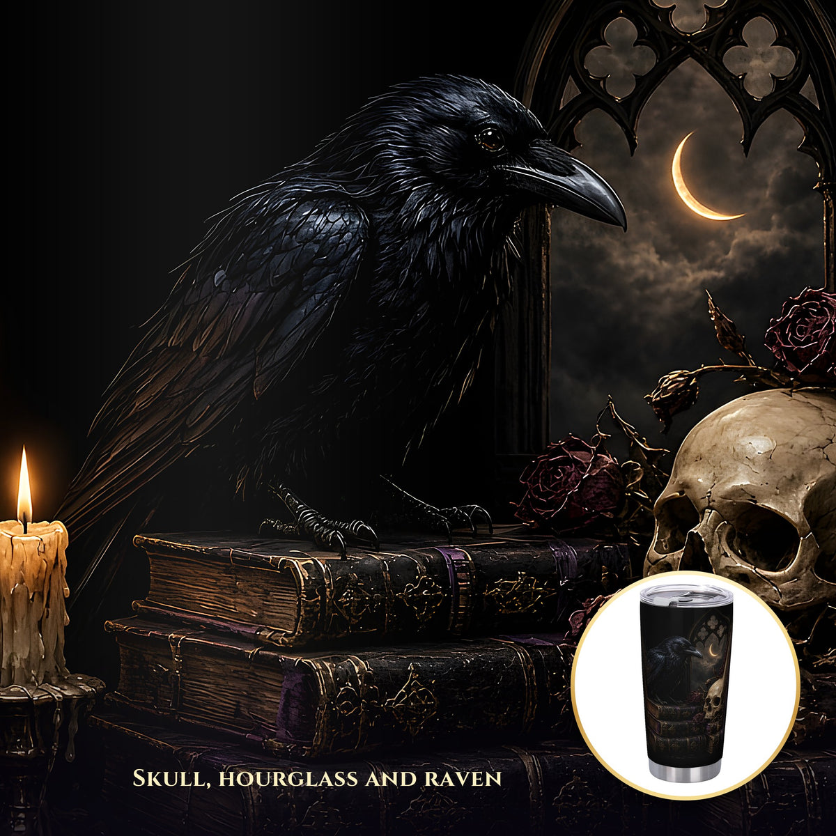 Nevermore Raven 20oz Tumbler, Gothic Poe Raven Skull and Hourglass Insulated Cup with Lid, Dark Academia Travel Mug, Goth Gift