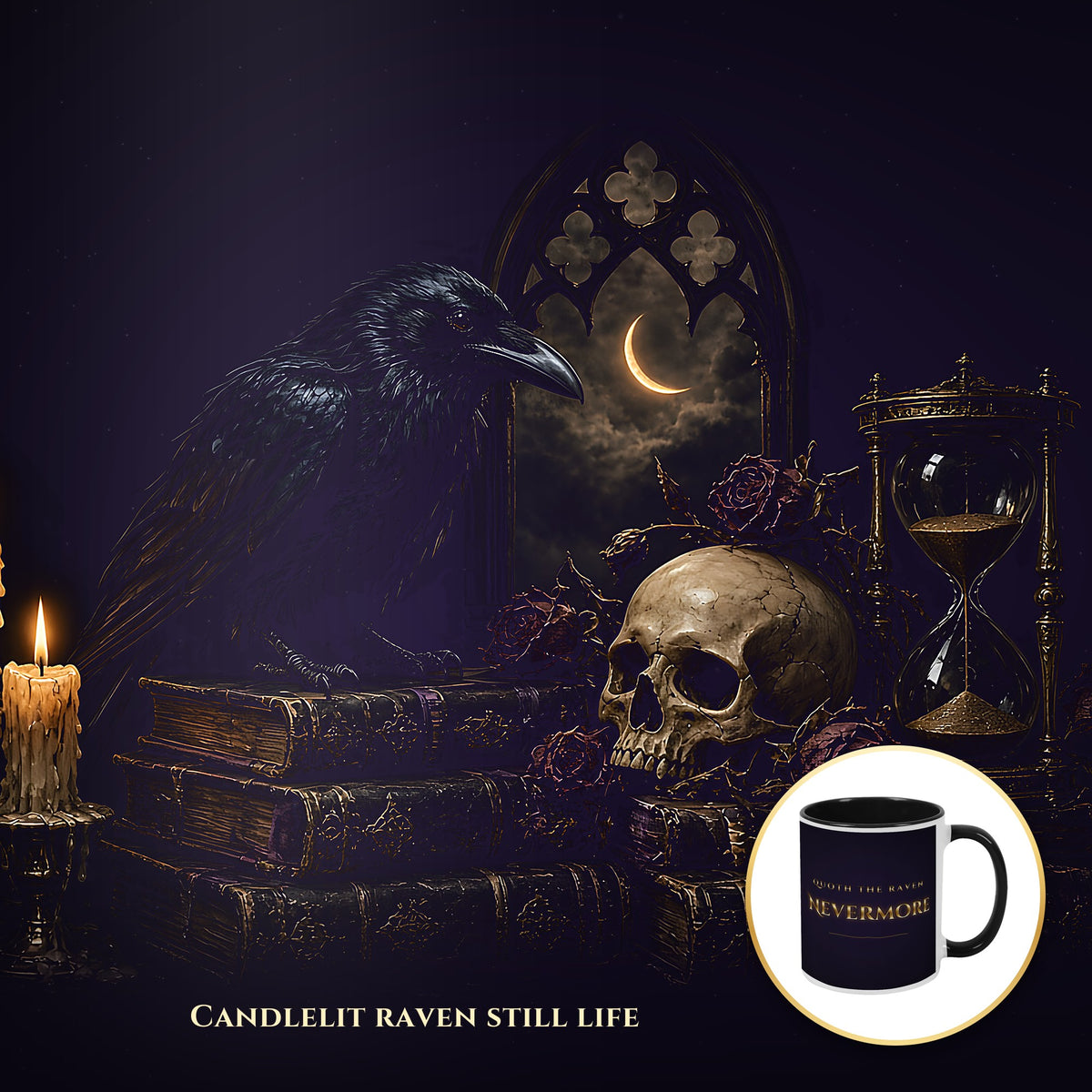 Nevermore Raven Mug, Gothic Poe Raven Skull and Candles Coffee Cup, Quoth the Raven Black Two-Tone Mug, Dark Academia Goth Gift