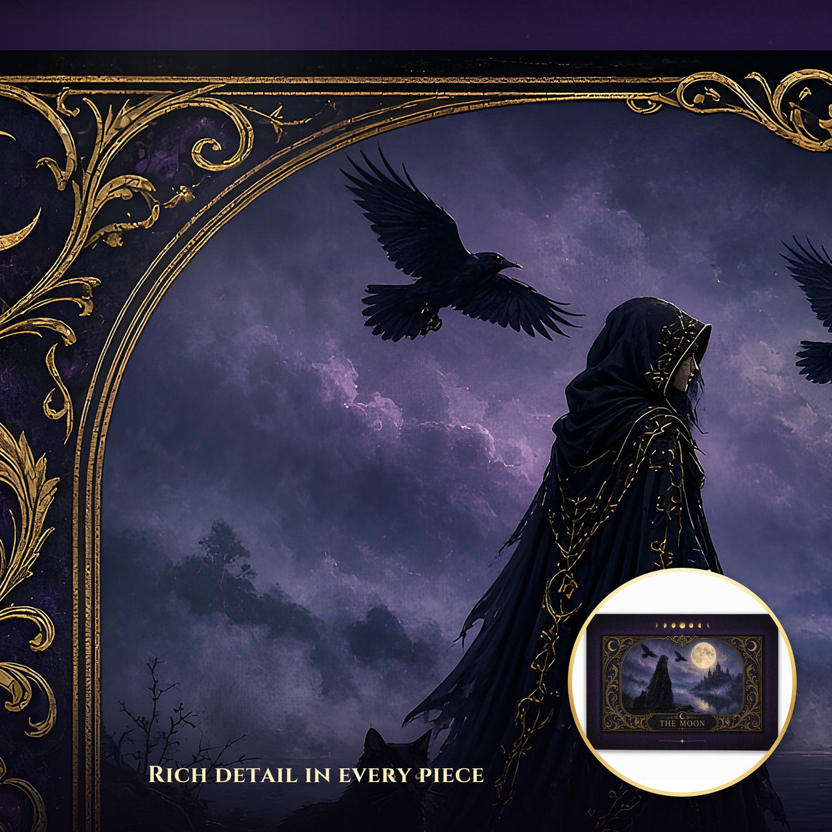 The Moon Tarot Jigsaw Puzzle 1000 500 300 Pieces, Gothic Witch and Black Cat Moonlit Castle Puzzle, Witchy Gift for Adults