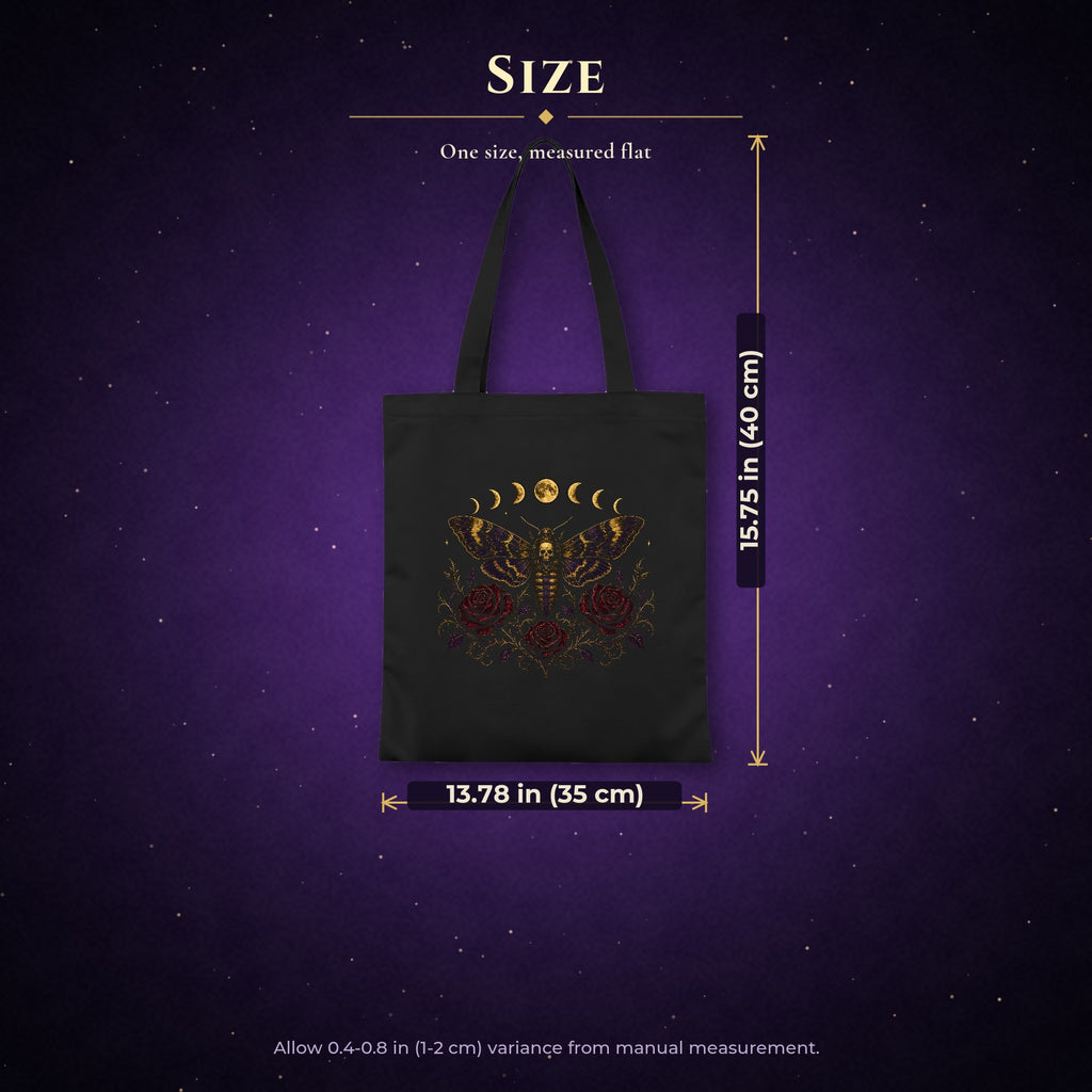 Death's Head Moth Tote Bag, Gothic Moon Phase Skull Moth Canvas Bag with Red Roses, Witchy Book Bag, Dark Academia Goth Gift