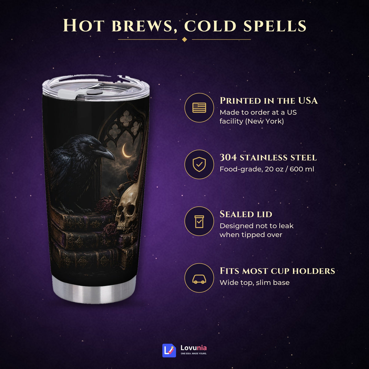 Nevermore Raven 20oz Tumbler, Gothic Poe Raven Skull and Hourglass Insulated Cup with Lid, Dark Academia Travel Mug, Goth Gift