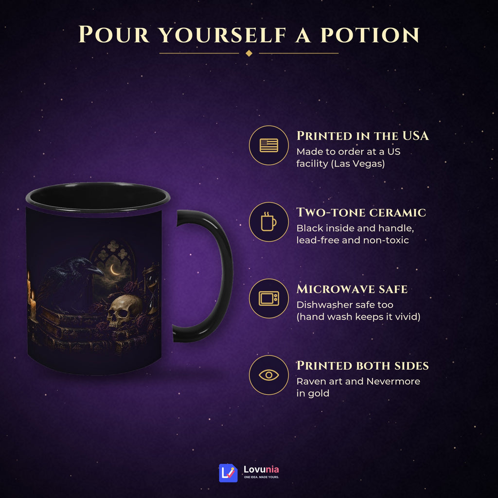 Nevermore Raven Mug, Gothic Poe Raven Skull and Candles Coffee Cup, Quoth the Raven Black Two-Tone Mug, Dark Academia Goth Gift