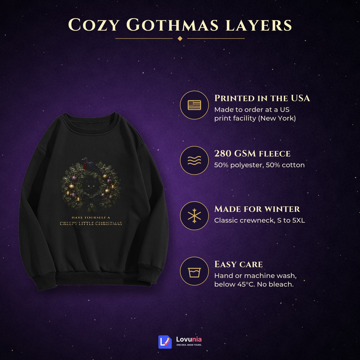 Creepy Little Christmas Sweatshirt, Gothic Wreath Black Cat and Raven Crewneck, Gothmas Holiday Sweater, Creepmas Goth Gift
