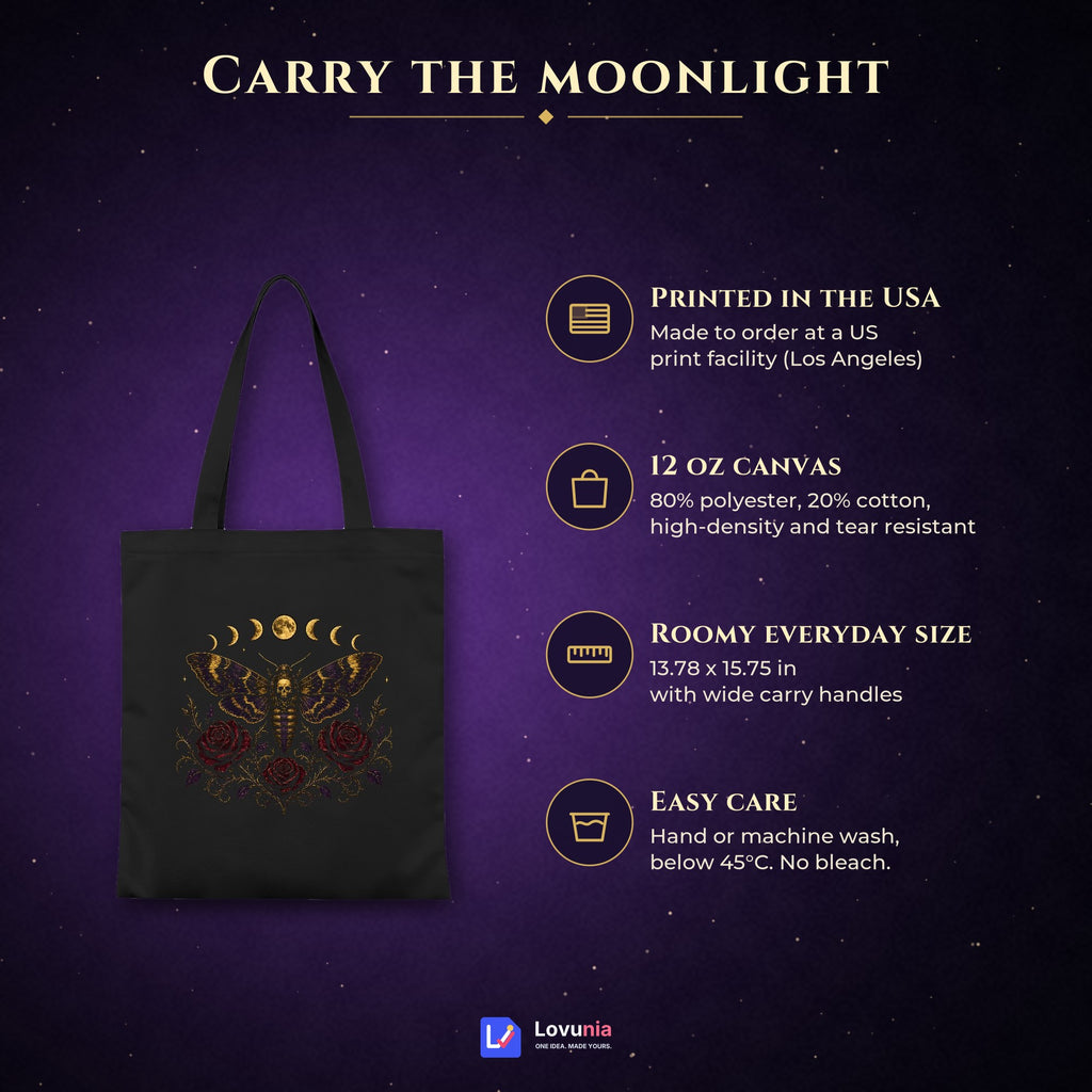 Death's Head Moth Tote Bag, Gothic Moon Phase Skull Moth Canvas Bag with Red Roses, Witchy Book Bag, Dark Academia Goth Gift