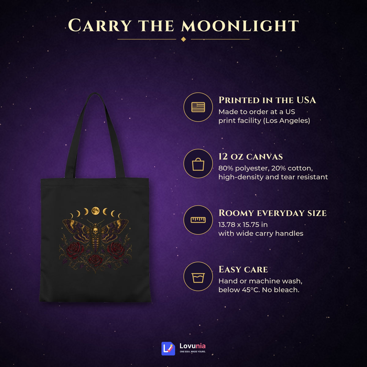 Death's Head Moth Tote Bag, Gothic Moon Phase Skull Moth Canvas Bag with Red Roses, Witchy Book Bag, Dark Academia Goth Gift