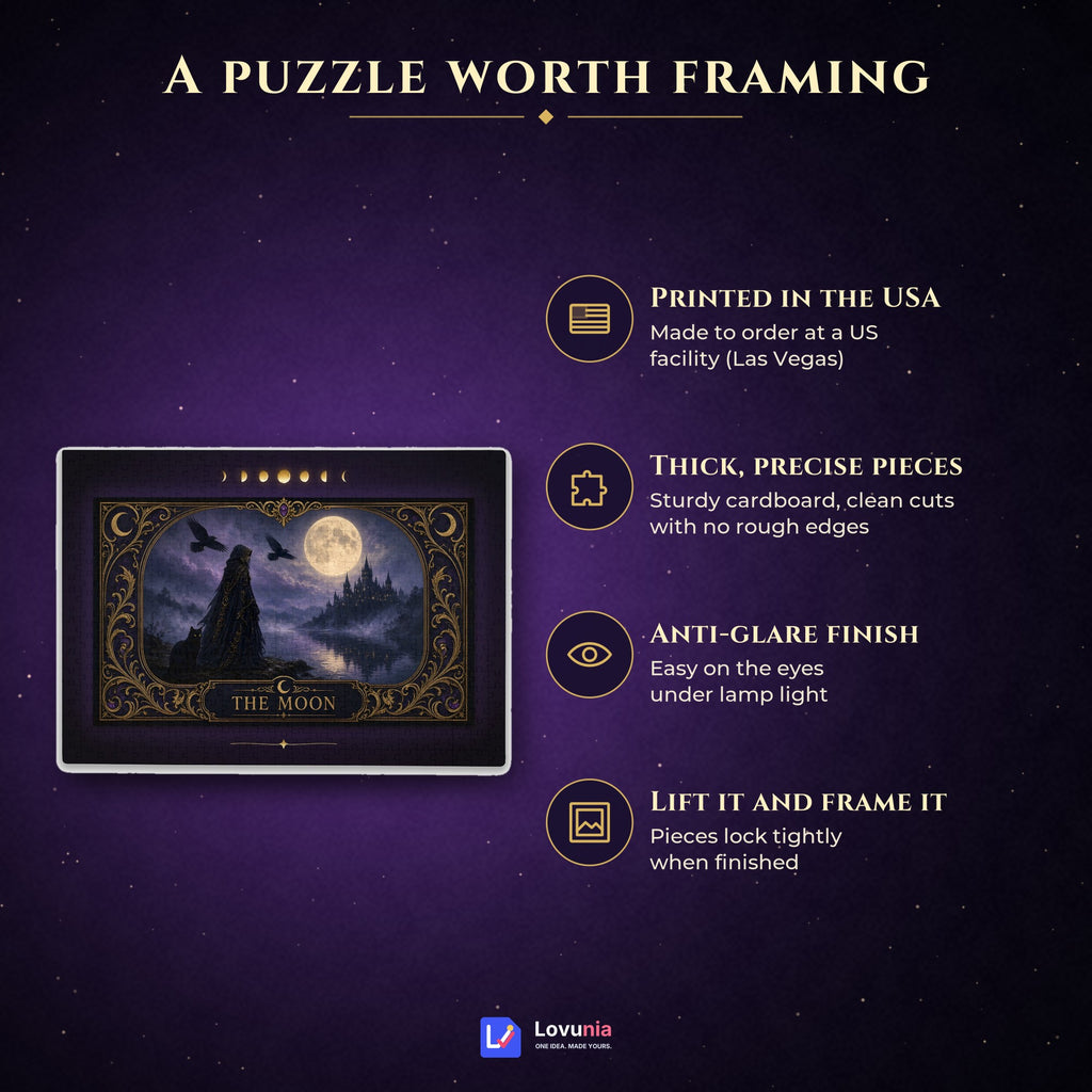 The Moon Tarot Jigsaw Puzzle 1000 500 300 Pieces, Gothic Witch and Black Cat Moonlit Castle Puzzle, Witchy Gift for Adults