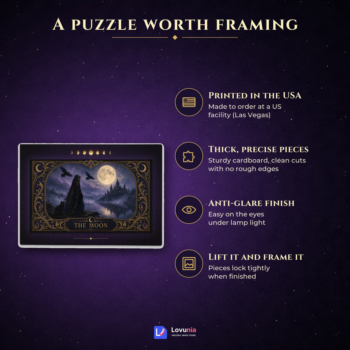 The Moon Tarot Jigsaw Puzzle 1000 500 300 Pieces, Gothic Witch and Black Cat Moonlit Castle Puzzle, Witchy Gift for Adults