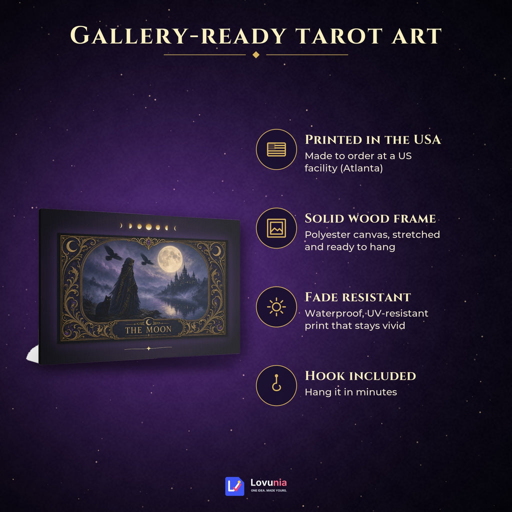 The Moon Tarot Card Canvas Wall Art, Gothic Witch and Black Cat Moonlit Castle Print, Witchy Tarot Decor, Dark Fantasy Gift