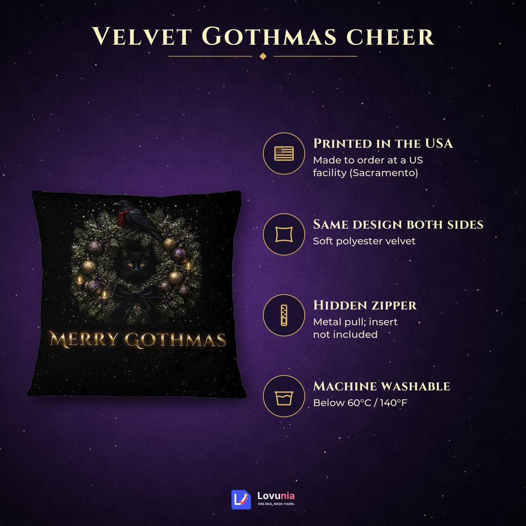 Merry Gothmas Pillow Cover, Gothic Christmas Wreath Black Cat and Raven Velvet Throw Pillow Case, Dark Holiday Decor, Goth Gift