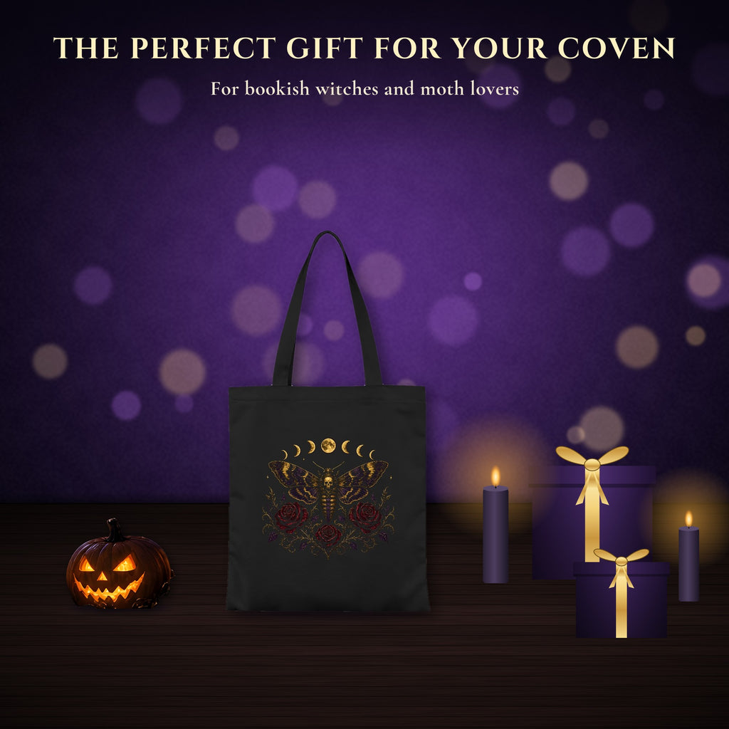 Death's Head Moth Tote Bag, Gothic Moon Phase Skull Moth Canvas Bag with Red Roses, Witchy Book Bag, Dark Academia Goth Gift