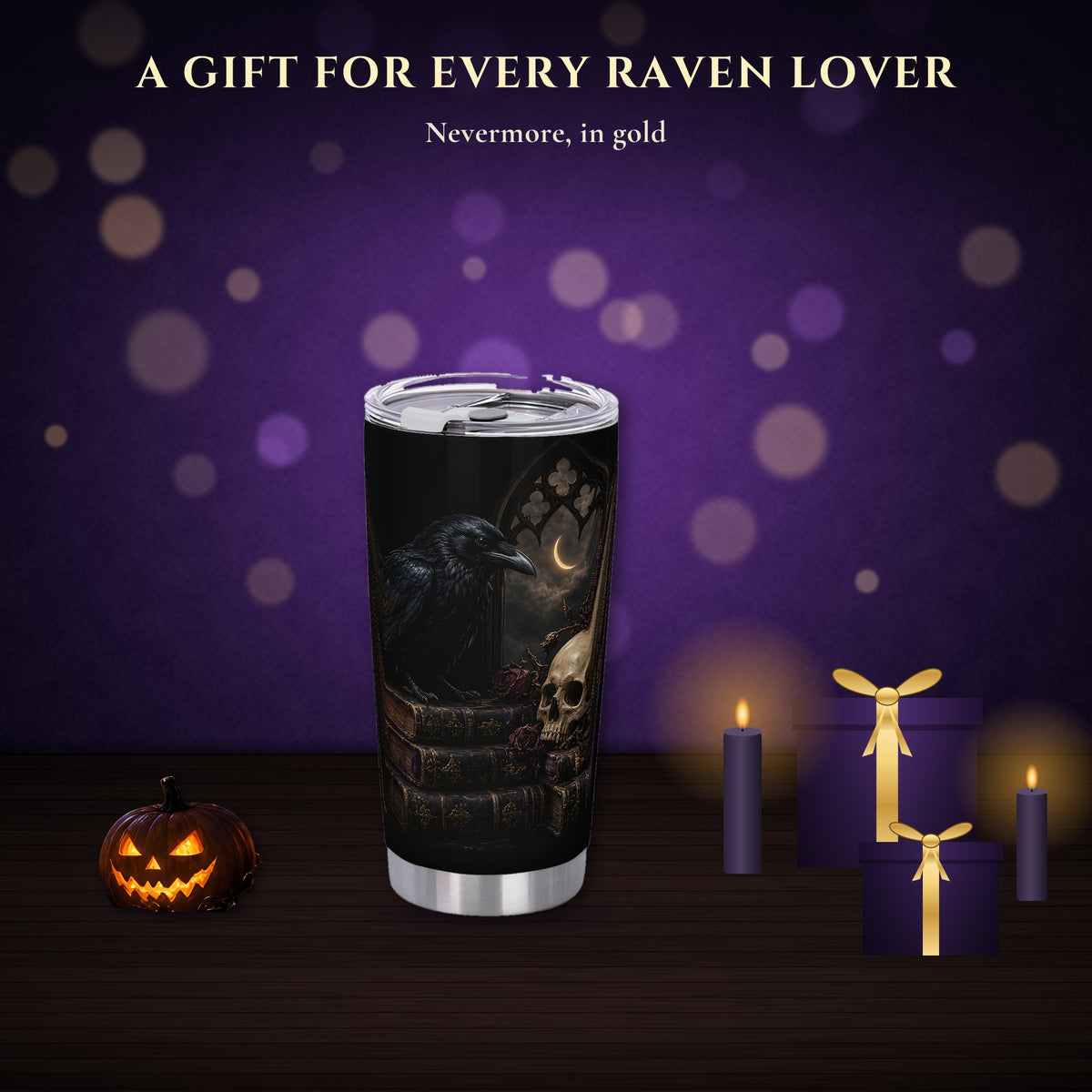 Nevermore Raven 20oz Tumbler, Gothic Poe Raven Skull and Hourglass Insulated Cup with Lid, Dark Academia Travel Mug, Goth Gift