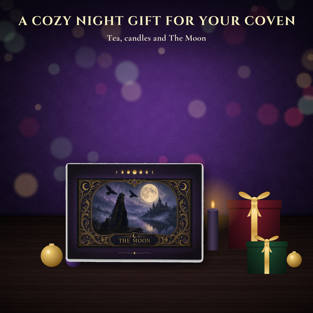 The Moon Tarot Jigsaw Puzzle 1000 500 300 Pieces, Gothic Witch and Black Cat Moonlit Castle Puzzle, Witchy Gift for Adults