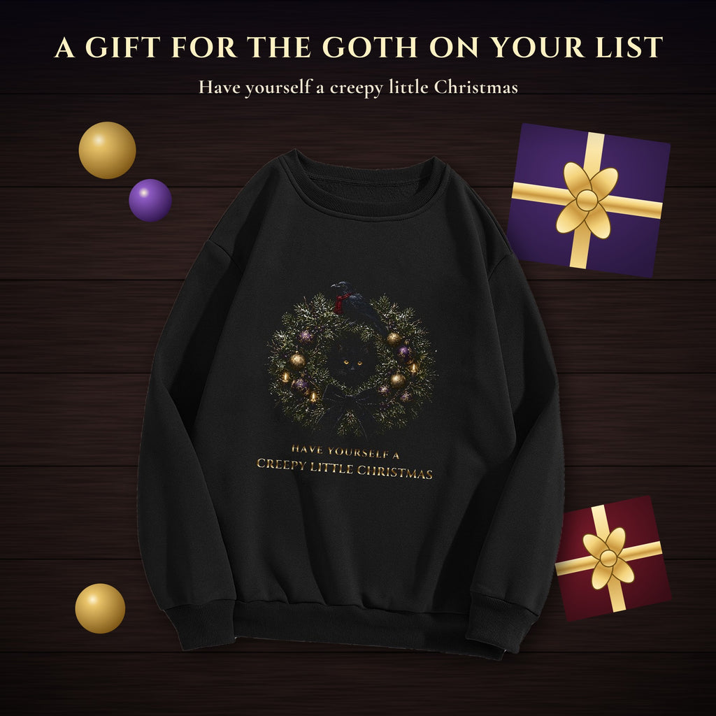 Creepy Little Christmas Sweatshirt, Gothic Wreath Black Cat and Raven Crewneck, Gothmas Holiday Sweater, Creepmas Goth Gift