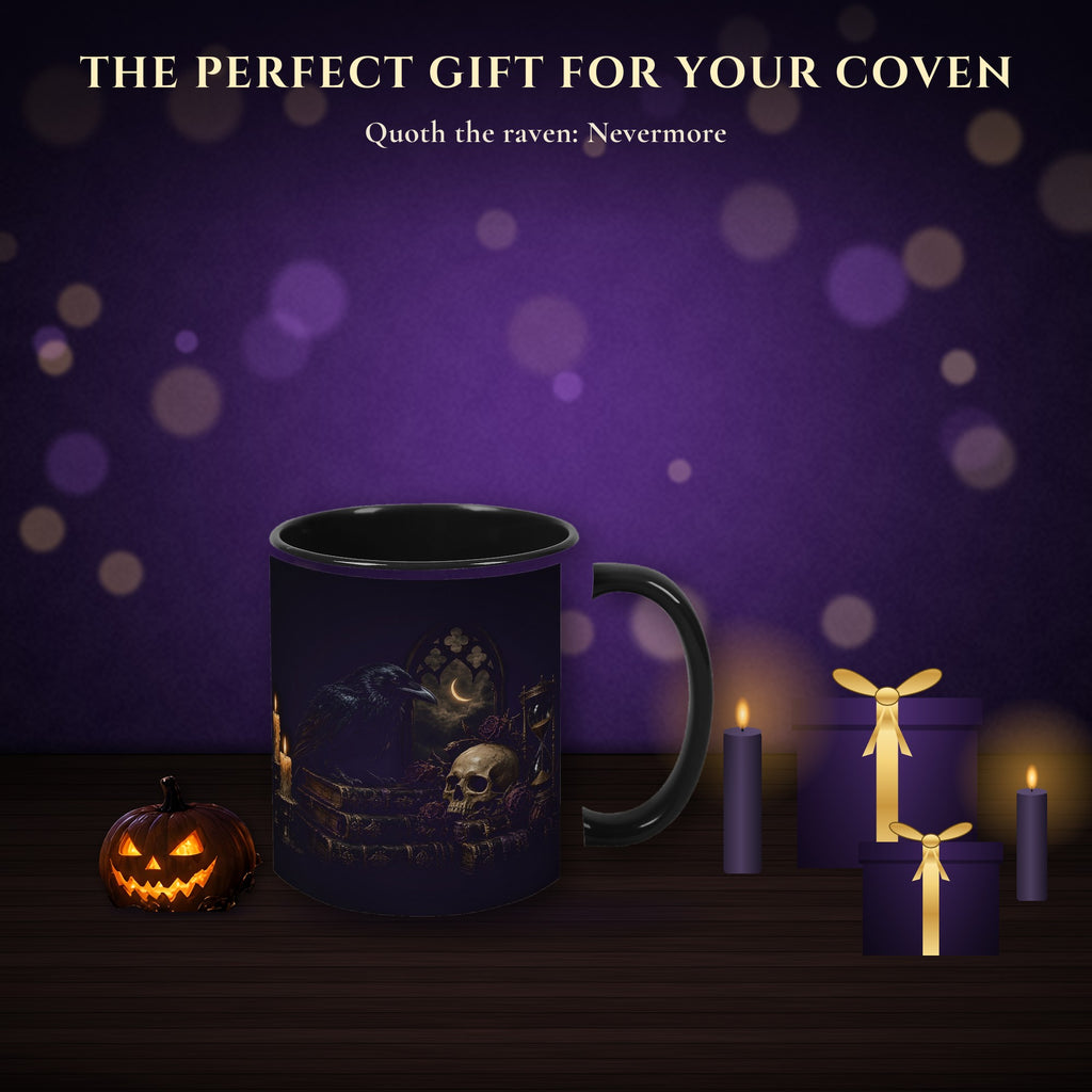 Nevermore Raven Mug, Gothic Poe Raven Skull and Candles Coffee Cup, Quoth the Raven Black Two-Tone Mug, Dark Academia Goth Gift